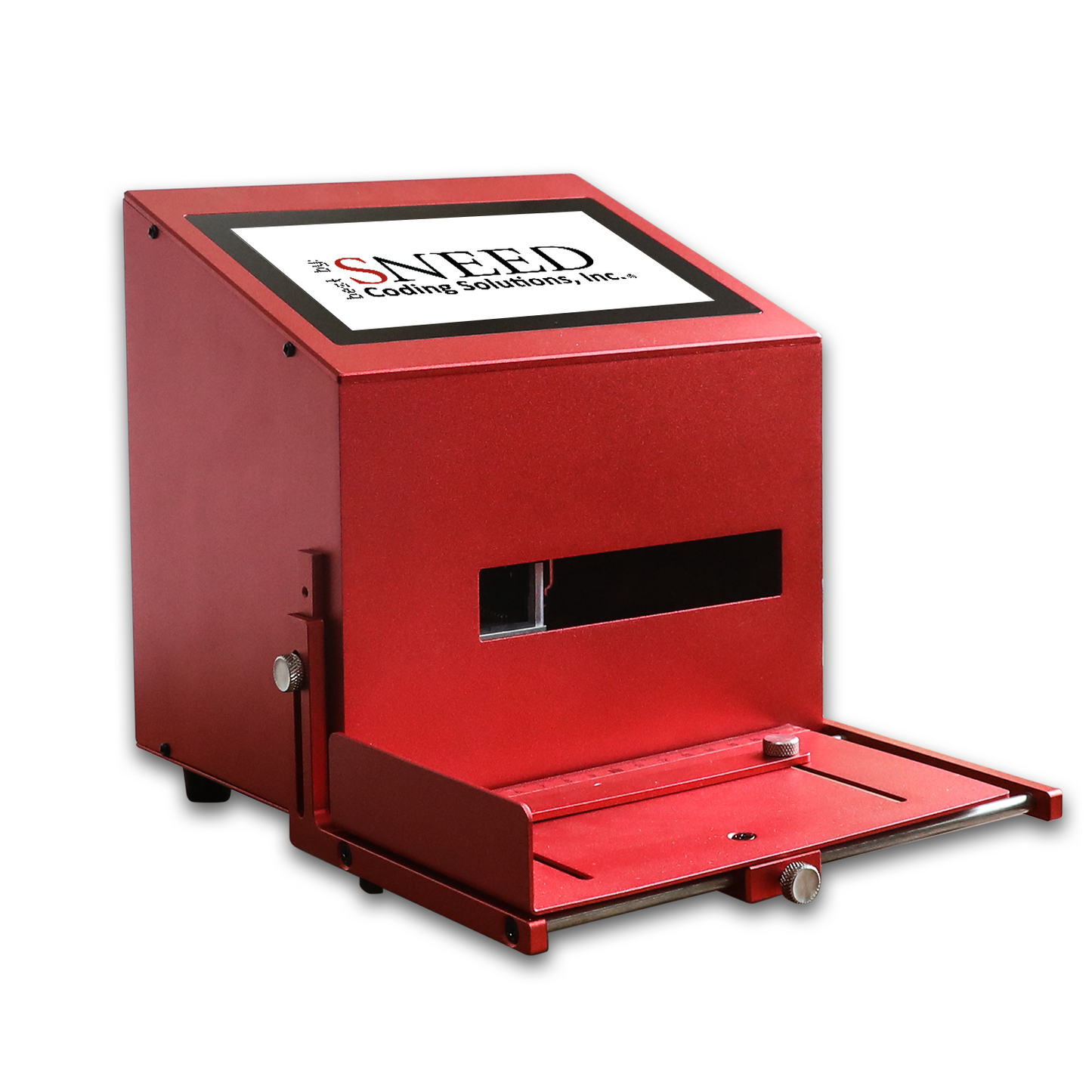 Side view of SNEED-JET Titan Tabletop printer with positioning plate.