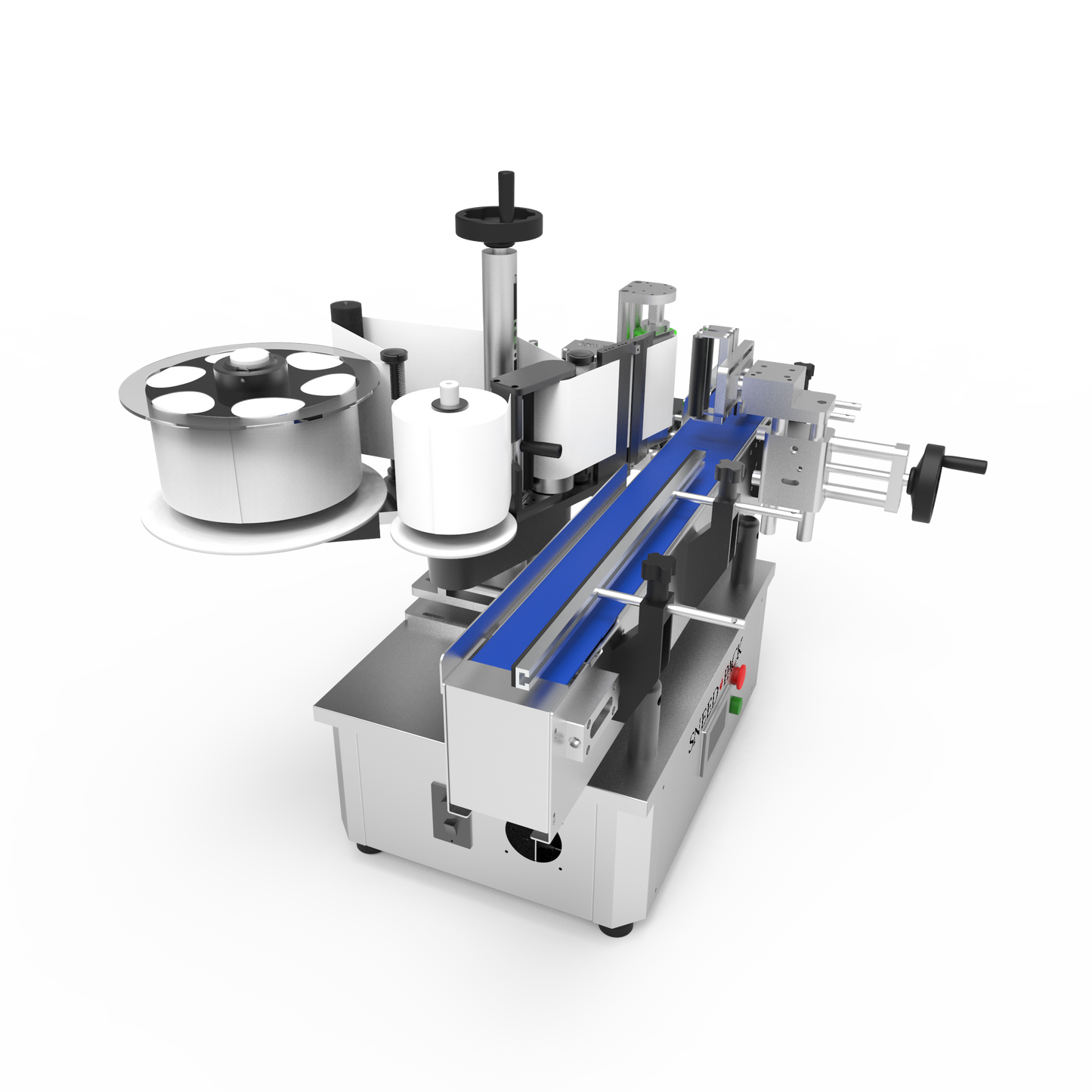 Angled top view of SNEED-PACK wrap-around labeler highlighting label roll system and conveyor rails