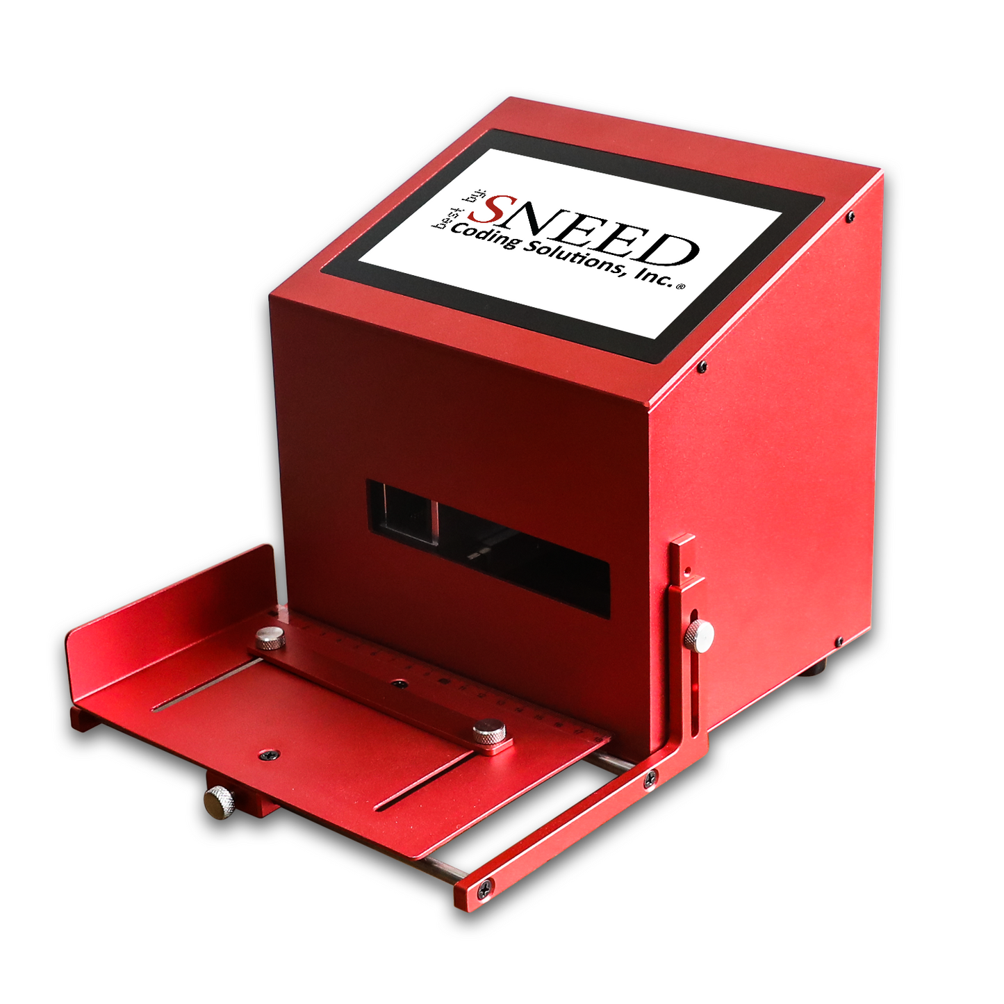 Side view of SNEED-JET Titan Tabletop thermal inkjet printer with touch screen controls.