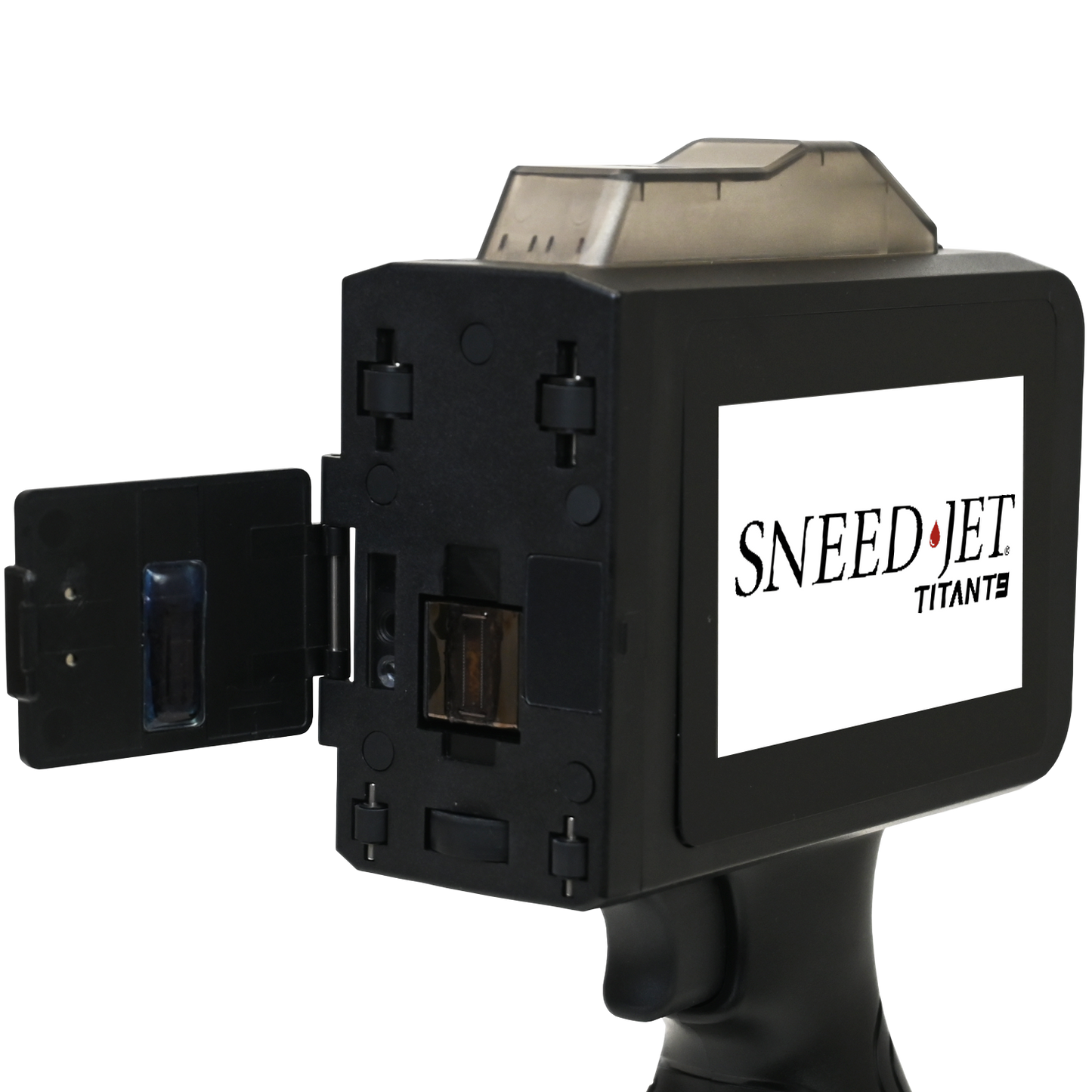 SNEED-JET Titan T9 handheld printer with cartridge door open showing ink cartridge slot
