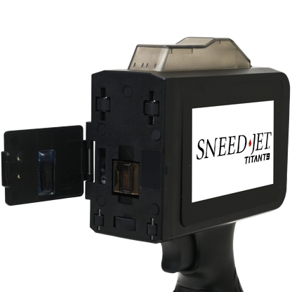 SNEED-JET Titan T9 handheld printer with cartridge door open showing ink cartridge slot