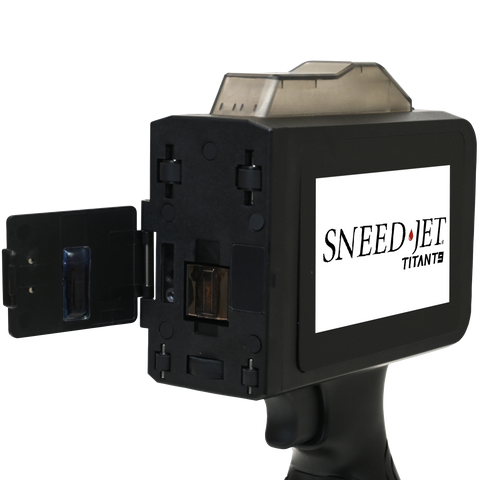 SNEED-JET Titan T9 handheld printer with cartridge door open showing ink cartridge slot