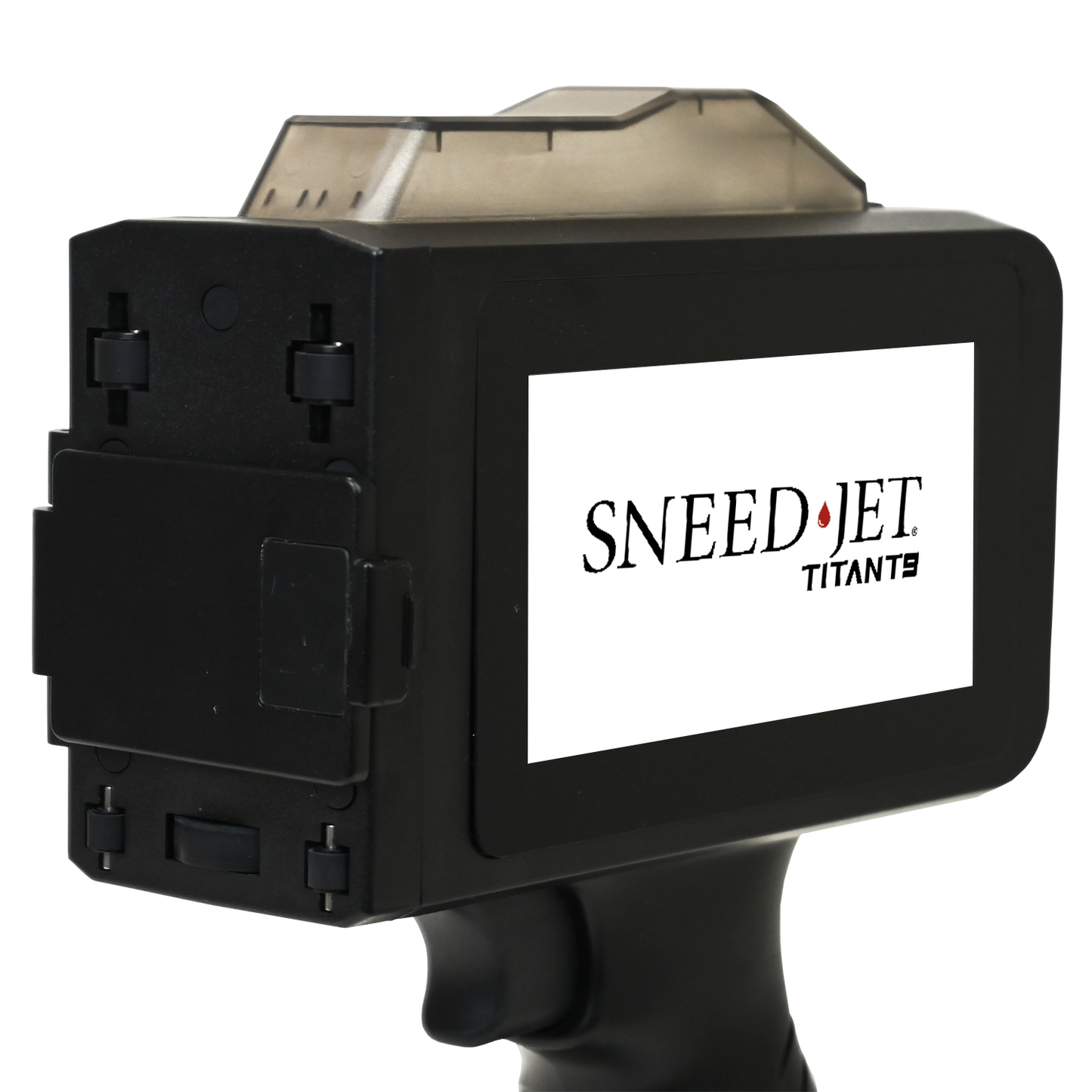 ear angled view of the SNEED-JET Titan T9 handheld inkjet printer with cartridge compartment closed