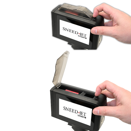 SNEED-JET Titan T9 handheld printer showing top latch opening cartridge compartment
