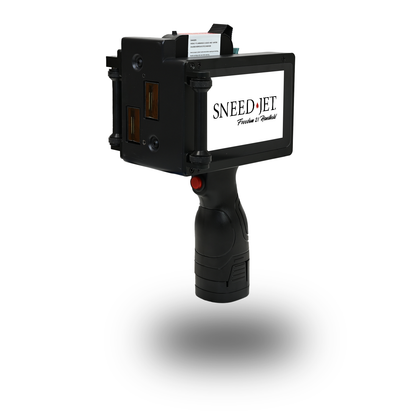 Front view of the SNEED-JET® Freedom 21 Handheld Printer with its touchscreen and dual printheads.