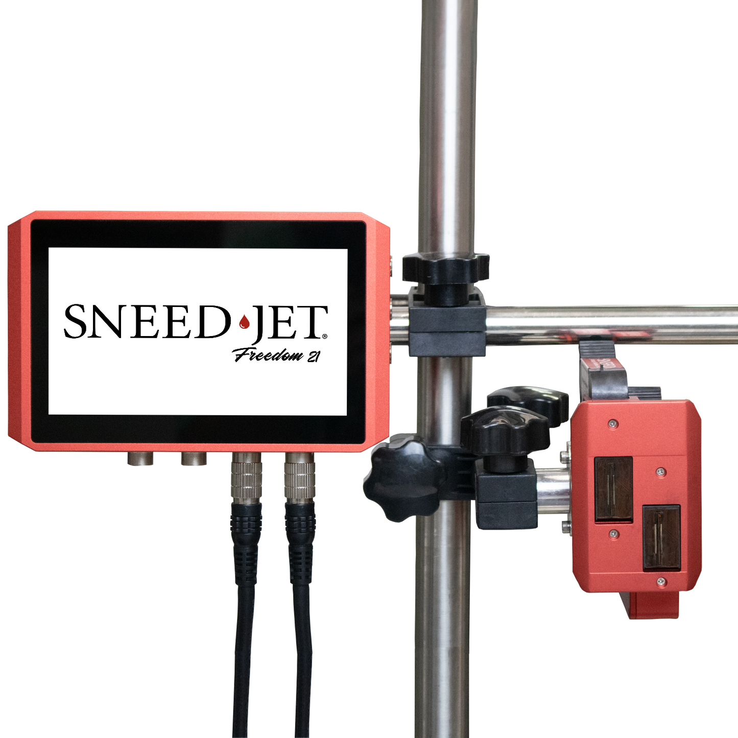 SNEED-JET Freedom 21 thermal inkjet printer mounted on an adjustable stand with touchscreen controller and print head
