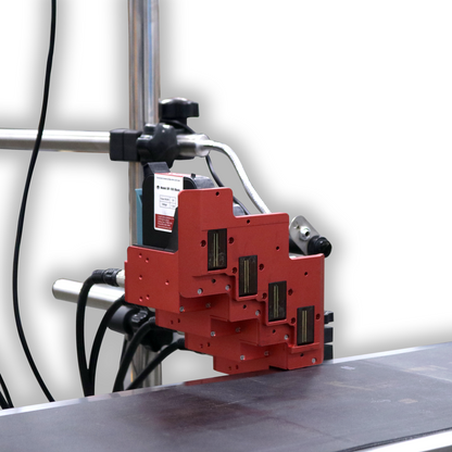 SNEED-JET Freedom 41 thermal inkjet printer with four print heads mounted on a production stand above a conveyor surface