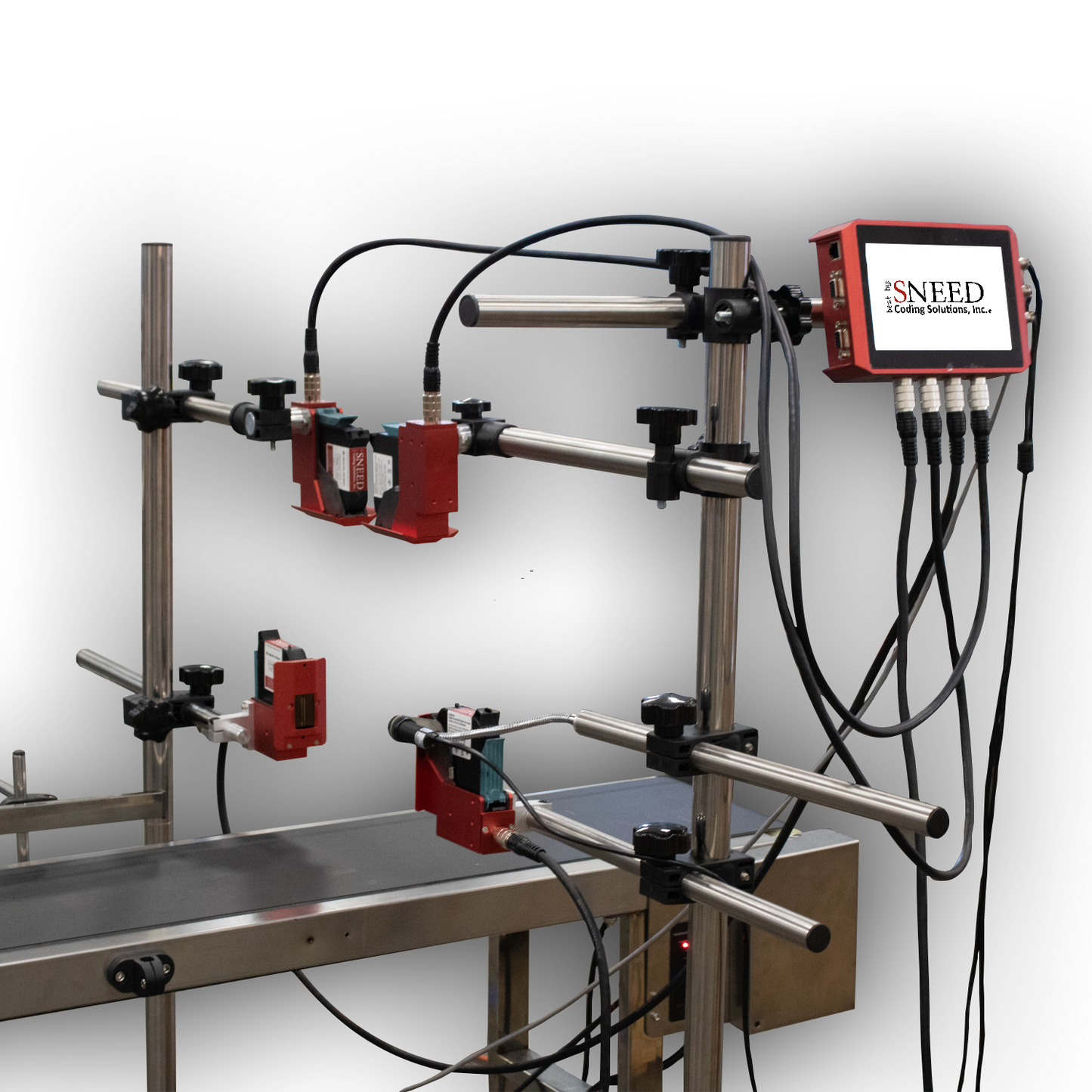 SNEED-JET Freedom 44 thermal inkjet printing system with multiple print heads and touchscreen controller mounted above a conveyor line