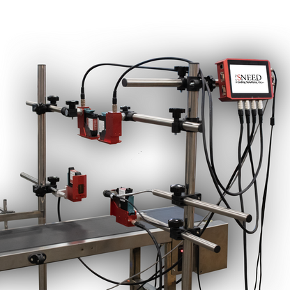 SNEED-JET Freedom 44 thermal inkjet printing system with multiple print heads and touchscreen controller mounted above a conveyor line