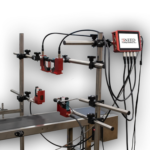 SNEED-JET Freedom 44 thermal inkjet printing system with multiple print heads and touchscreen controller mounted above a conveyor line