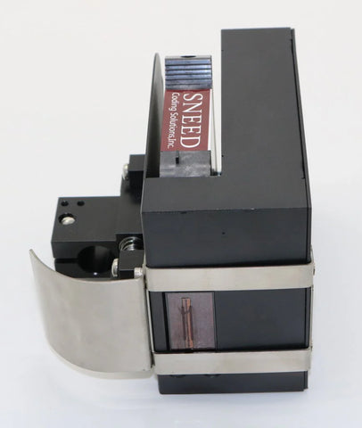 front view of SNEED industrial inkjet print head with exposed nozzle plate and stainless steel mounting bracket