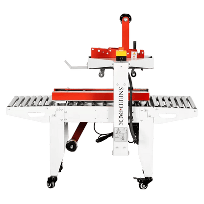 SNEED-PACK small box case sealer with top tape head and roller conveyors for sealing corrugated cartons