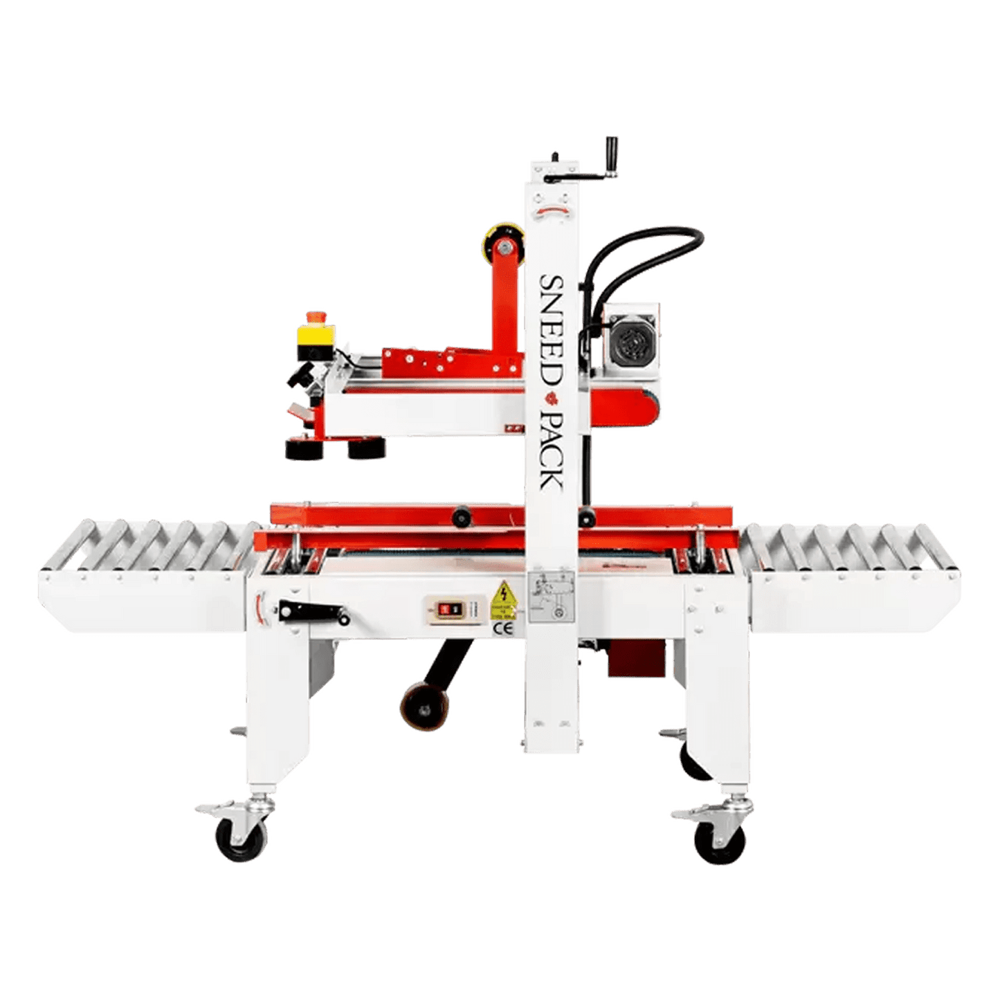 SNEED-PACK top and bottom belt case sealer with powered roller conveyors and adjustable tape head for sealing corrugated boxes