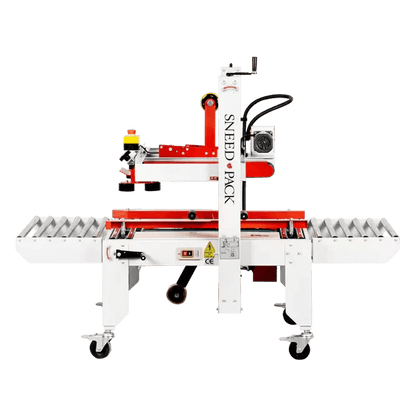SNEED-PACK top and bottom belt case sealer with powered roller conveyors and adjustable tape head for sealing corrugated boxes
