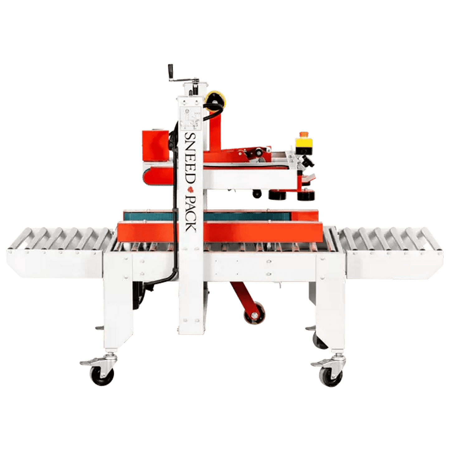 SNEED-PACK top and side belt case sealer with powered roller conveyors and adjustable tape head for sealing corrugated boxes