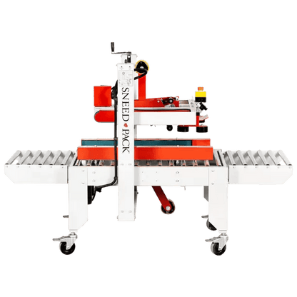 SNEED-PACK top and side belt case sealer with powered roller conveyors and adjustable tape head for sealing corrugated boxes