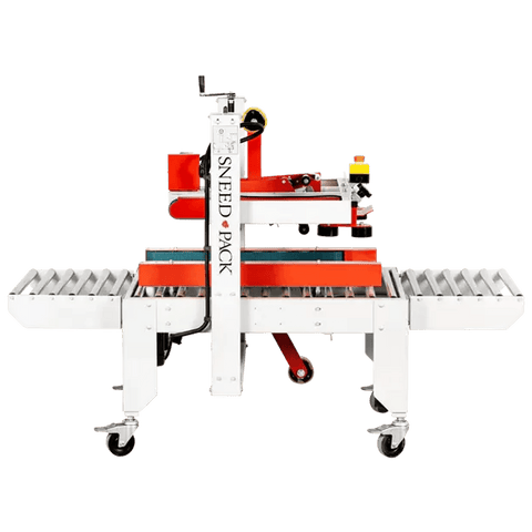 SNEED-PACK top and side belt case sealer with powered roller conveyors and adjustable tape head for sealing corrugated boxes