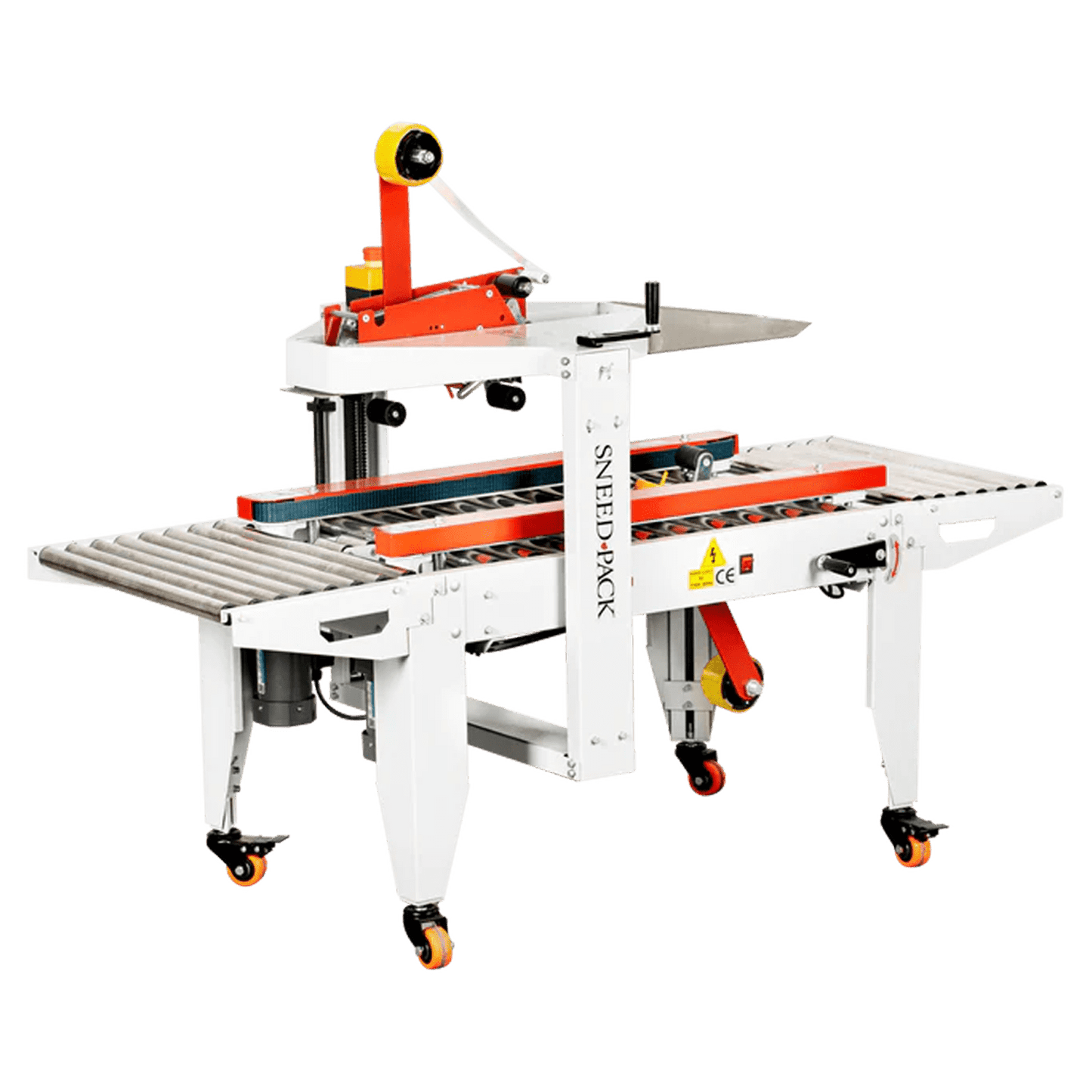 SNEED-PACK XS box case sealer with adjustable side belts, top tape head, and roller conveyor for sealing corrugated boxes
