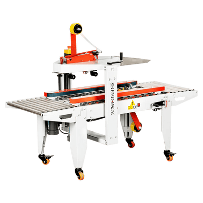 SNEED-PACK XS box case sealer with adjustable side belts, top tape head, and roller conveyor for sealing corrugated boxes