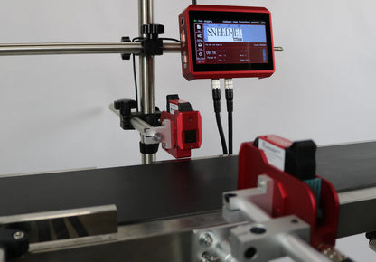 SNEED-JET Titan thermal inkjet printer mounted above a conveyor with touchscreen controller and dual print heads