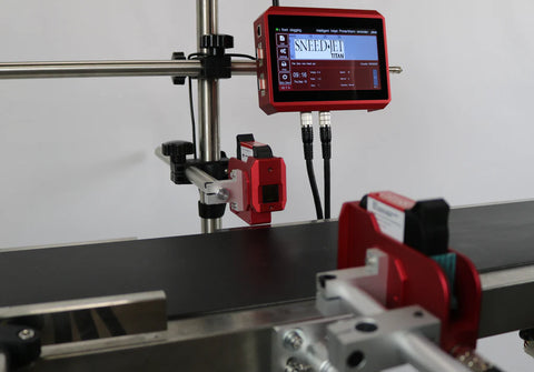 SNEED-JET Titan thermal inkjet printer mounted above a conveyor with touchscreen controller and dual print heads