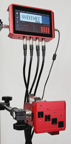 SNEED-JET Titan thermal inkjet printer with touchscreen controller and multi-head connection ports mounted on an adjustable stand