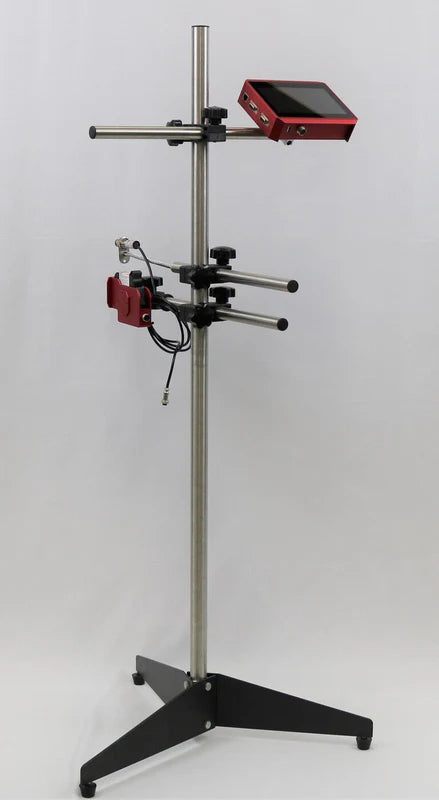 SNEED-JET Titan handheld thermal inkjet printer mounted on an adjustable production stand in a studio setting