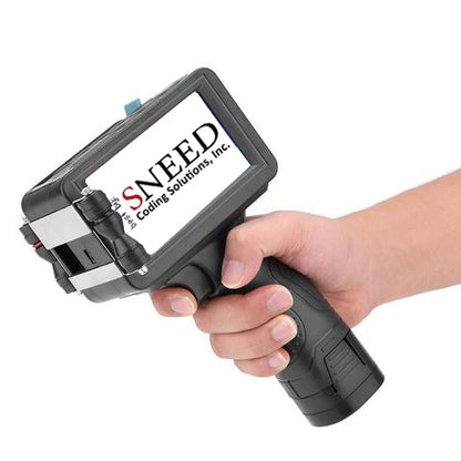 SNEED handheld thermal inkjet printer with touchscreen display shown printing in a user’s hand