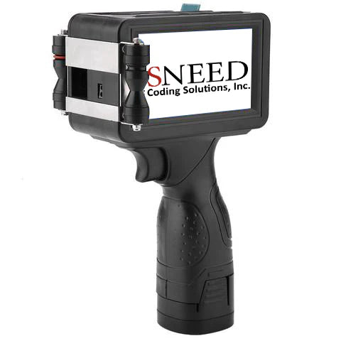 Front view of SNEED handheld thermal inkjet printer with touchscreen interface and ergonomic grip