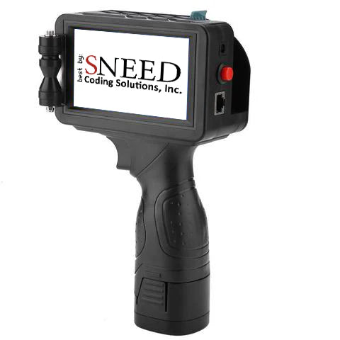 Angled side view of SNEED handheld thermal inkjet printer showing touchscreen and trigger handle