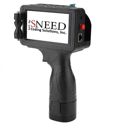 Angled side view of SNEED handheld thermal inkjet printer showing touchscreen and trigger handle