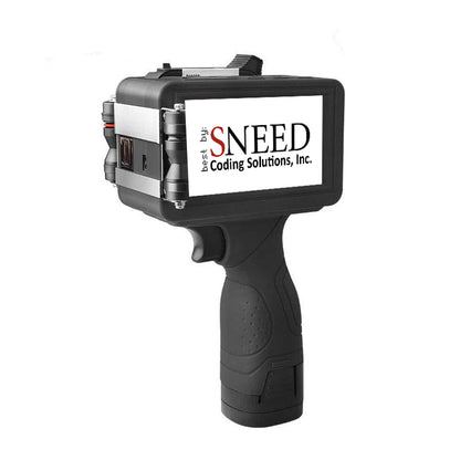 SNEED handheld inkjet printer featuring touchscreen display and compact industrial design, photographed in a three-quarter view.