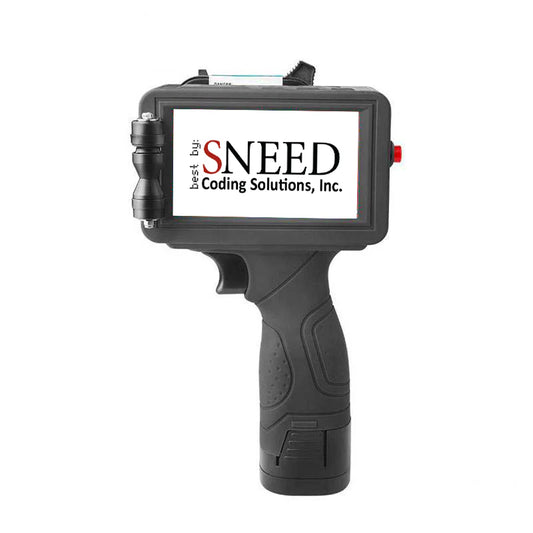 Front view of SNEED Coding Solutions handheld inkjet printer with touchscreen interface and rugged grip handle.